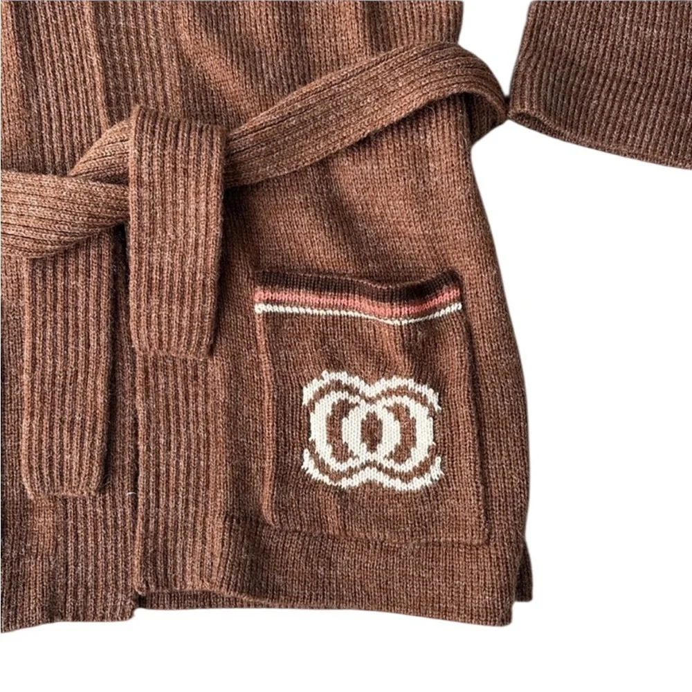 Vintage Ades of California Brown Knit Belted Cardigan Sweater Medium - Picture 2 of 11